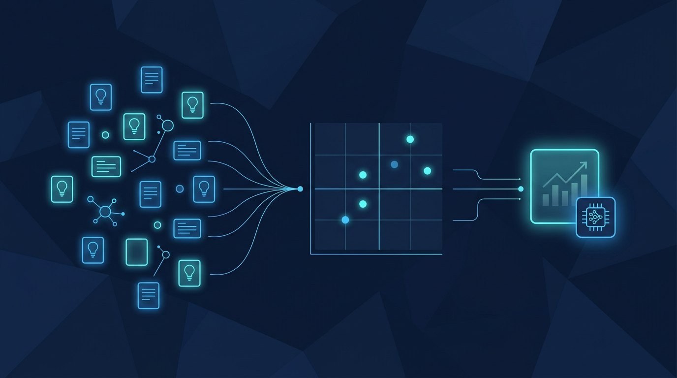 Abstrakte Illustration: viele KI-Ideen werden in einer Bewertungsmatrix priorisiert und zu einem ausgewählten KI-Use-Case verdichtet