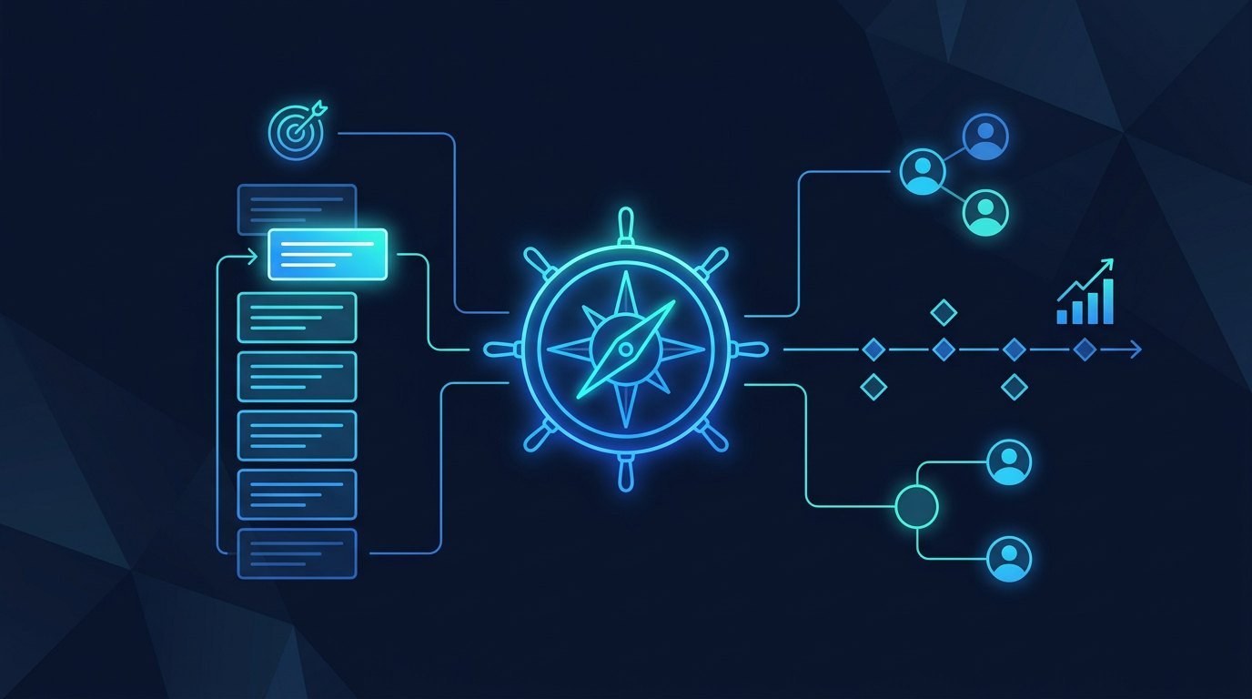 Abstrakte Illustration: ein Steuerrad als Symbol für Product Ownership, verbunden mit priorisiertem Backlog, Roadmap und Stakeholdern