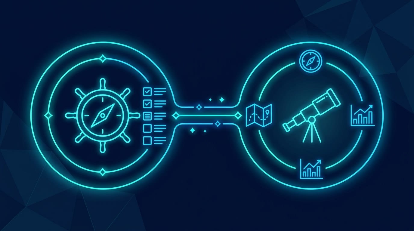 Illustration: Steuerrad mit Backlog und Fernrohr mit Roadmap, verbunden – Product Owner und Product Manager im Zusammenspiel